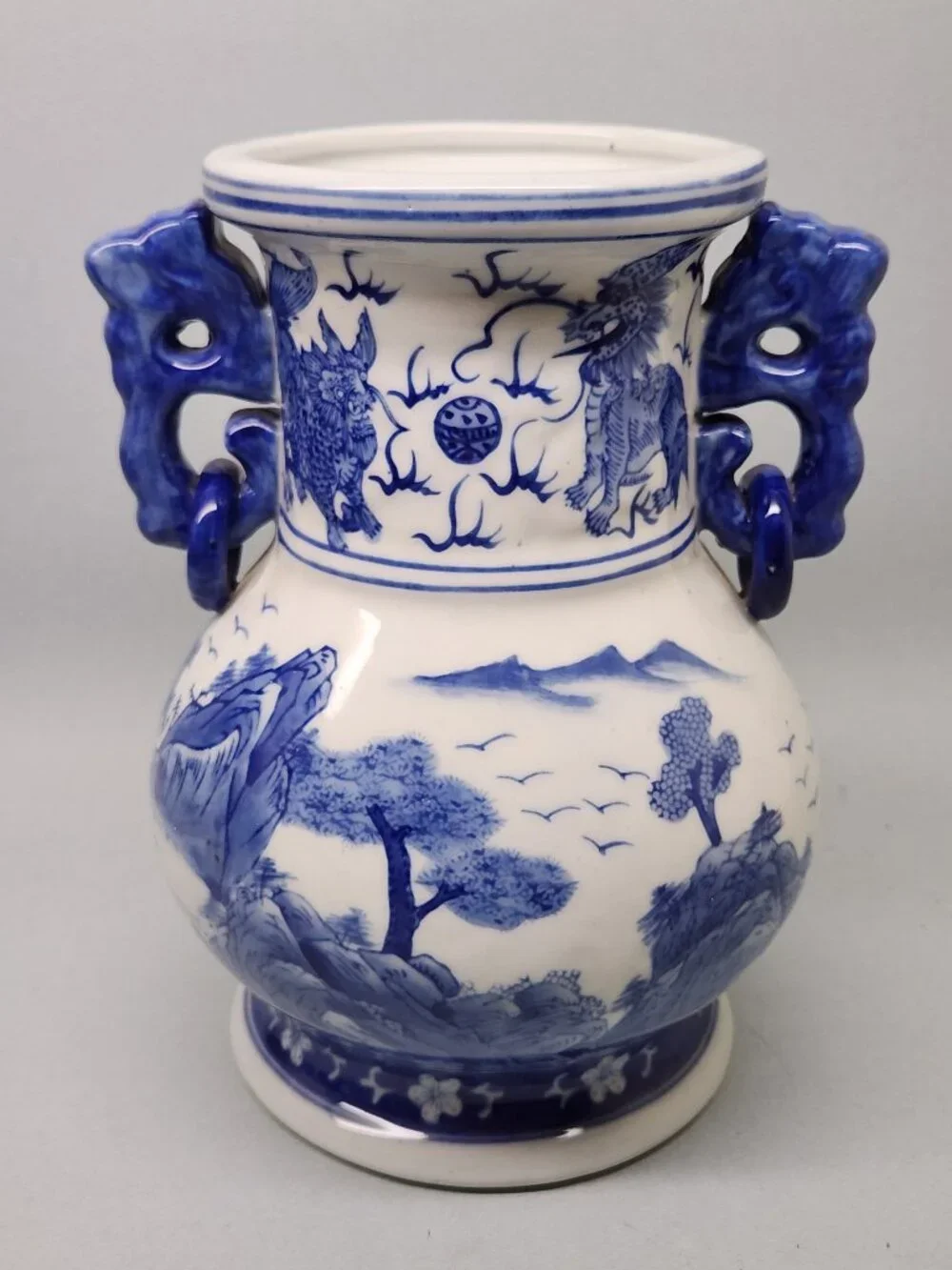 Chinese Blue and White Two Handled Vase / Hand Painted / 9 Inches Tall
